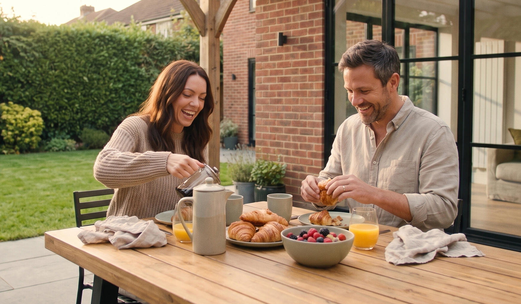 Couple enjoying breakfast on the patio