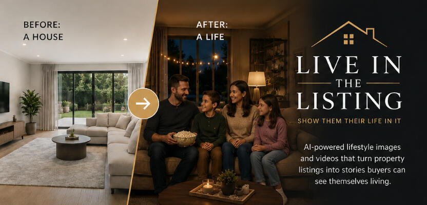 The Left image shows a room with furniture in it. The Right image shows a family having a movie night.